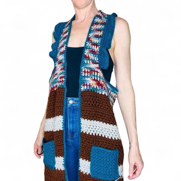 Vintage Handmade Brown & Teal Stripe Ruffle Crochet Hippie Long Sweater Vest - Picture 7 of 7